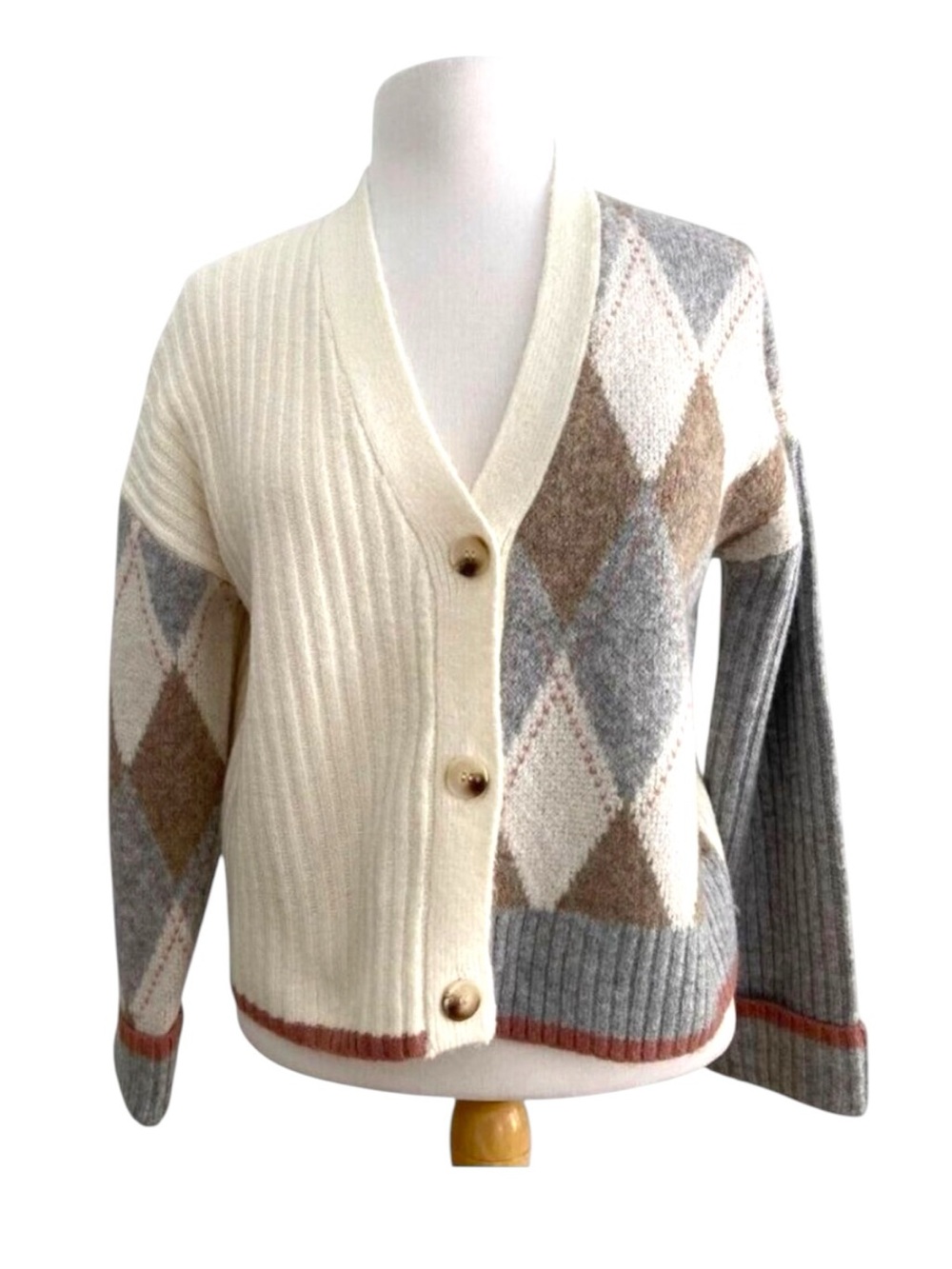 Vintage style Womens Argyle oversized crop Cardigan Sweater V-Neck Button-Up XS